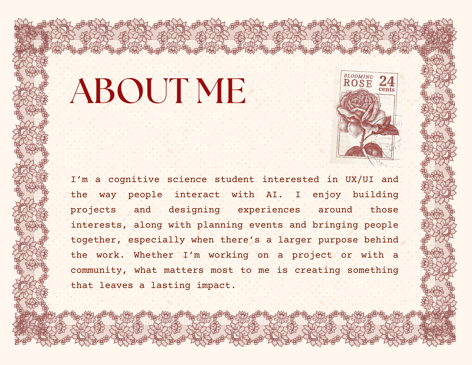 About me postcard with a lace border and a rose stamp